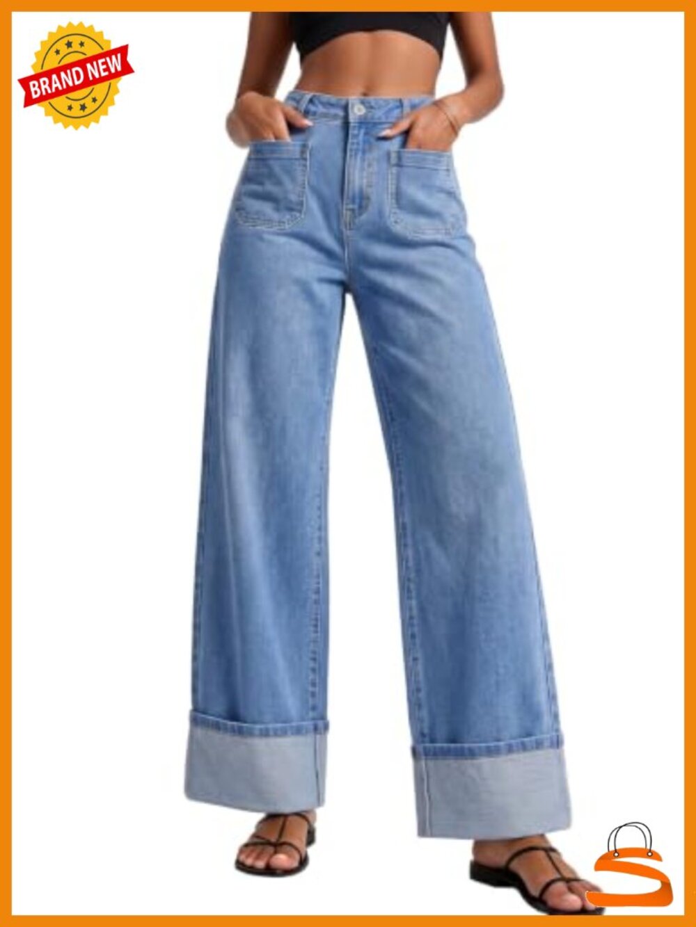 High Waisted Wide Leg Stretch Denim Jeans with Cuffed Hem